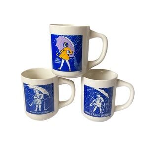 “When It Rains It Pours” White Blue Yellow Coffee Mug Set 1914 1921 1968